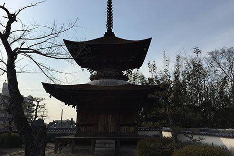 境内の南西に位置する多宝塔。蟇股（かえるまた）や拳鼻（こぶしばな）など、室町時代末期の美しい様式が特徴だとか